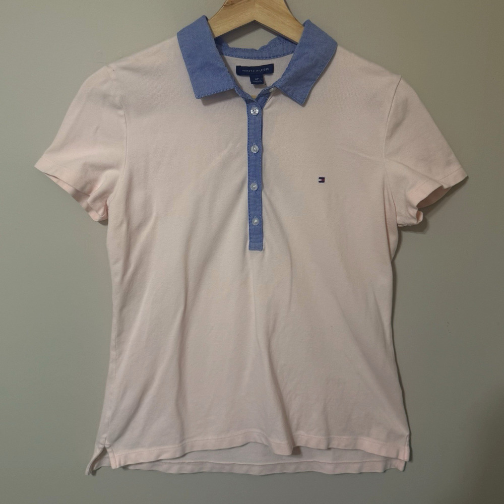 Tommy Hilfiger Pink Blue Preppy Collared Polo SIZE SMALL Women Logo Cotton Shirt